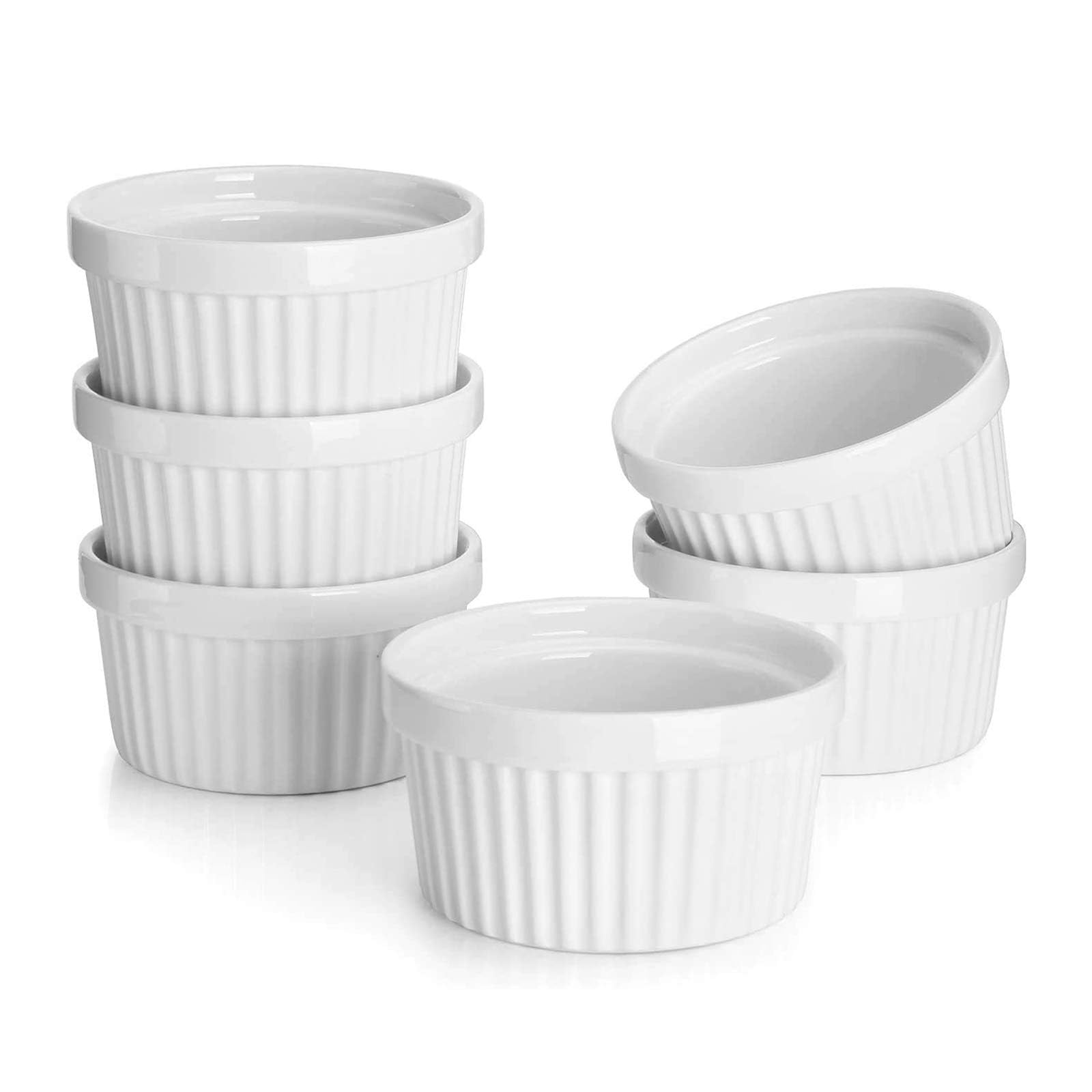8 oz Ramekins Set of 6, Creme Brulee Ramekins Oven Safe Baking Dishes, Porcelain Ramiken Set, Souffle, Custard Cups for Baking and Ice Cream Bowl, White
