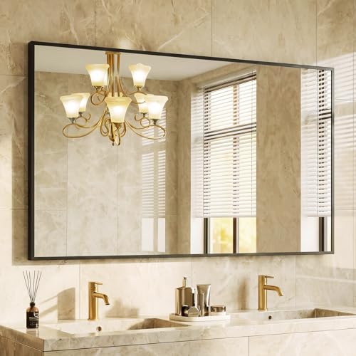 Image of NEWBULIG 30 inch x 48 inch Black Rectangle Bathroom Mirrors for Wall, Morden Wall Mirror with Metal Frame, Tempered Glass, Vanity Mirror for Over Sink, Entryway, Living Room, Anti-Rust