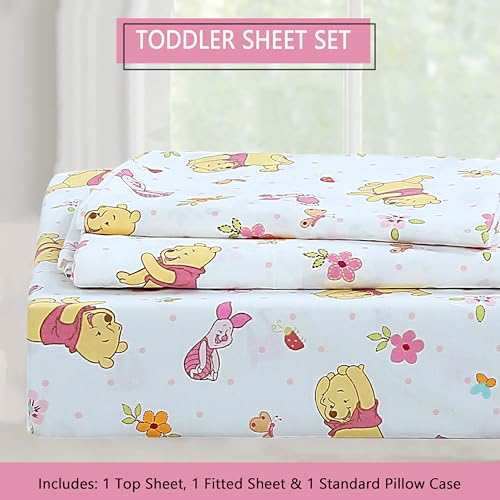 Image of Cozy Line Home Fashions Piglet & Pooh Floral Garden 3 Piece Pink Cotton Toddler Sheet Set