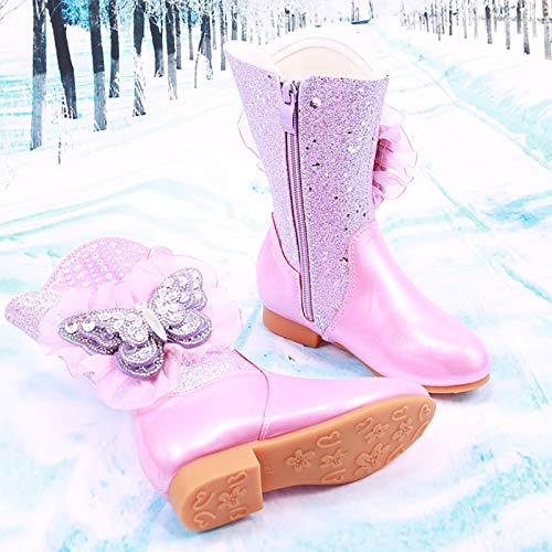 Girls Winter Warm Fur Boots Sparkle Rhinestone Lace Butterfly Mid Calf Boots3