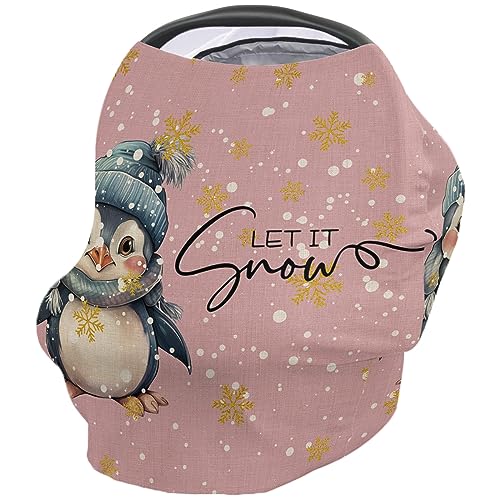 Nursing Cover for Breastfeeding Scarf, Christmas Pink Gold Snow Baby Car Covers Super Soft Multi Use for Canopy Shopping Cart Cover Blanket Stroller Cover
