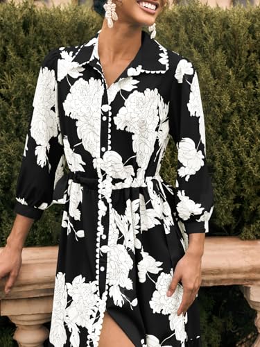 Wenrine Womens Maxi Shirt Dress Casual Floral Collared 3/4 Long Sleeve Drawstring Waist Fall Button Down Dresses4