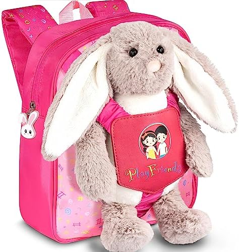 Play Friends Stuffed Animal Backpack for Girls - Small Size Kids Backpack with Cute Rabbit Plush Toy Great as School Bag, Bookbag, Travel Bag - Birthday Gift for Girls 3 Years Old