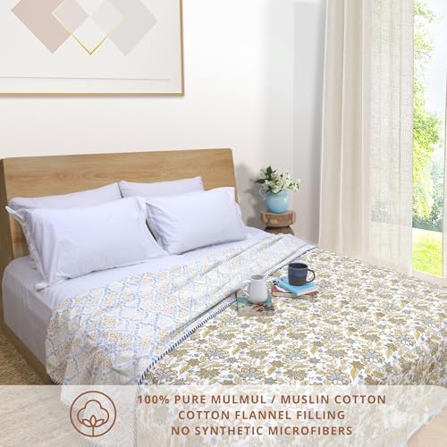 Image of TOAIArt Premium Jaipuri Dohar | AC Blanket Summer Quilt | Hand Block Printed | 3 Layers | Reversible | 150GSM 100% Mulmul Cotton | 100% Cotton Flannel Filling | Queen 90 inch X 108 inch |Autumn Leaves