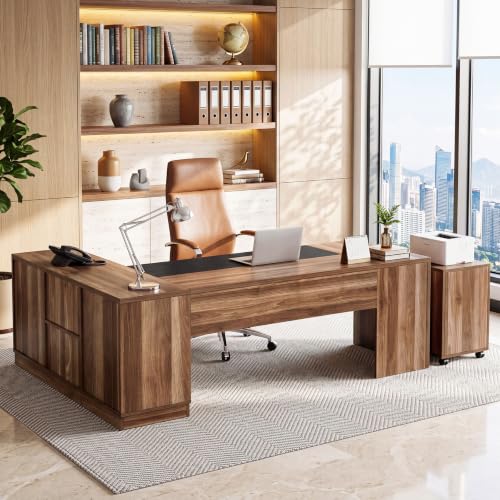 Image of Tribesigns 78.7-Inch L-Shaped Executive Desk with Mobile File Cabinet | Extra Large Office Desk with Under Desk Filing Cabinet, CPU stand, Open Shelves, and Storage Cabinet, Brown & Black