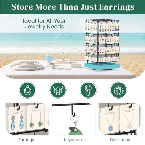 Image of EsLuker.ly Rotating Earring Display Holder Stand for Vendors Events Selling, Large Capacity 64 Hooks Jewelry Rack with Wooden Base for Earring Card Sales, Enhances Retail Visibility (Blue)