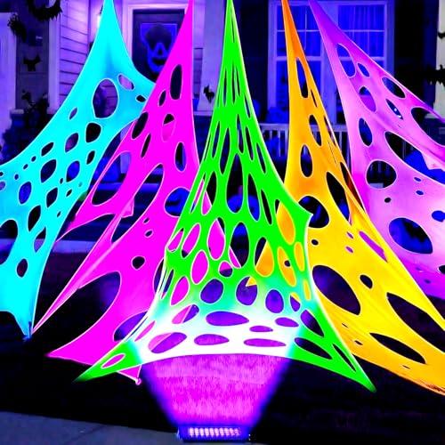 Glow in the dark 1300 Sqft 5 colors Uncut Giant Spider Web Cowebs Halloween Decorations Outdoor with 1 Black Light &10 Ground Nails Stretchy Beef Cloth Netting DIY Flexible for Yard Party Decor