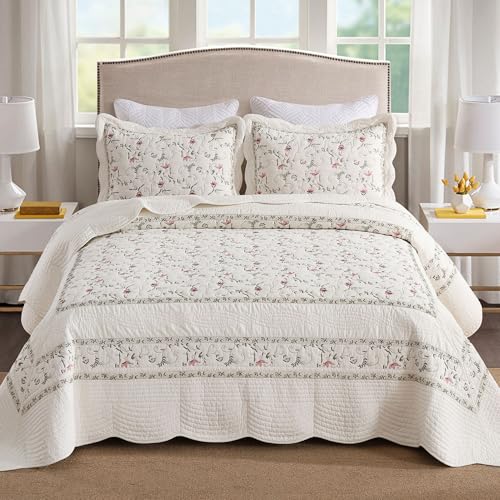 MarCielo 3-Piece 100% Cotton Oversized Bedspread Lightweight Quilt Coverlet Embroidery Farmhouse Bedding Set(TC Soft White,Oversized King (118"x106"))