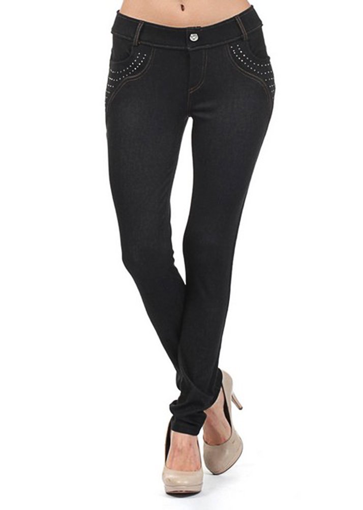 Women's Stretchy Jean Leggings (Rhinestone Black)