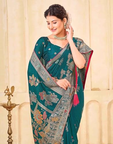 Image of SIRIL Women's Silk Kashmiri Minakari Jacquard Saree With Unstitched Blouse Piece