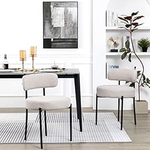 DYHOME Light Grey Boucle Dining Chairs Set of 2, Mid Century Modern Upholstered Kitchen Chairs with Curved Backrest and Black Metal Legs