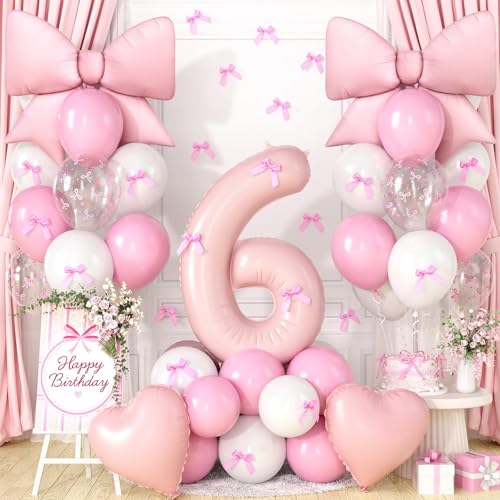 Image of 6th Birthday Decorations for Girl,Pink 6 Balloons for Party Decorations | 6 Year Old Birthday Decoration,Anniversary Party Decor,Pink White Balloons,Bow Print Balloons,Heart Balloons