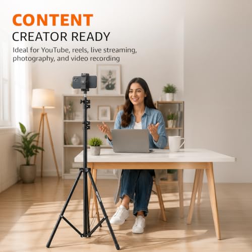 Image of Amazon Basics 78-Inch (200 cm) Aluminium Tripod with Bluetooth Remote & Mobile Holder, Phone Stand for Ring Light, GoPro & Camera, for Video Recording, Streaming, Reels & YouTube, 5 Kg Load Capacity