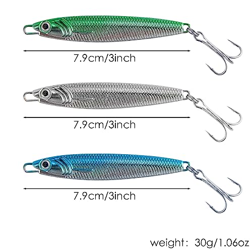 Dr.Fish Metal Sea Fishing Lures Sliver Blue/Gree/Sliver Minnow Spoon Lures Set of 3 Sea Fishing Tackle Mackerel Cod Sea Bass Pike Stinger Spinner Lures Metal Jigs 30g - Image 2