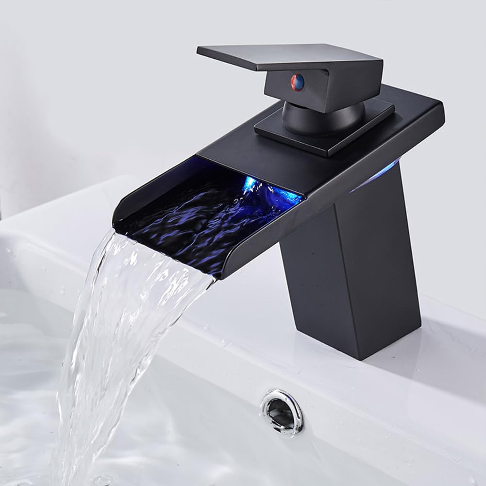 Grifo monomando para lavabo con luz LED, de latón moderno, monomando, agua caliente/fría, con mangueras, color negro