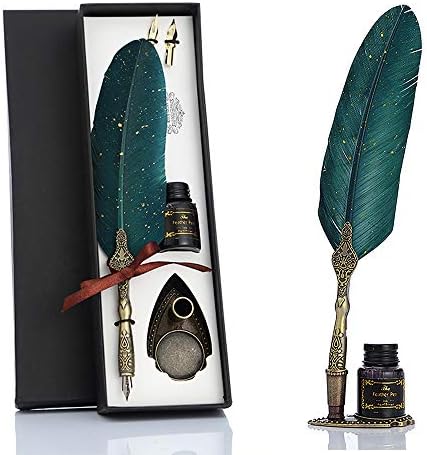 VANGOAL Feather Pen and Ink Set, Glittering Quill Pen Set Antique Calligraphy Dip Pen with Ink, 2 Replacement Nibs, Pen Stand Base, Luxury Vintage Signature Pen (Green)