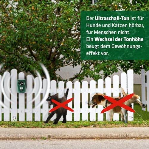 GARDIGO® Hunde- und Katzenabwehr | Hundeschreck und Katzenschreck für den Garten I Ultraschall Tiervertreiber 20-60 kHz I 120° Erfassungswinkel, 12m Reichweite | Gegen Hunde und gegen Katzen