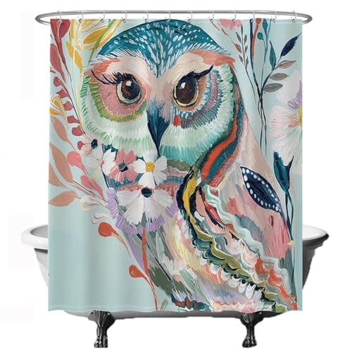 Ulticool Rideau de douche, motif hibou, oiseau, art naturel, animaux, 180 x 200 cm, lavable, anti-moisissure, avec 12 anneaux, pastel