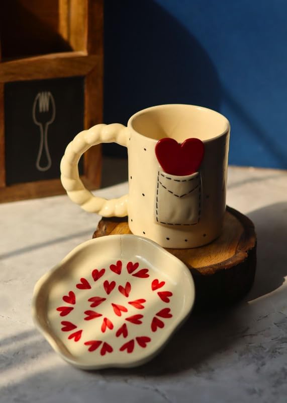 Image of WEAVING HOMES Handcrafted Ceramic Love Letter Mug and Heart Dessert Plate (Set of 2, Multicolor) - Coffee Mugs and Dessert Plates for Birthday Gifts, Mugs for Office and Travel