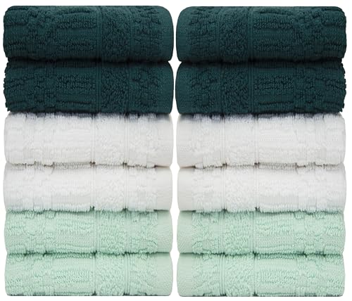 Image of PH Pleasant Home Diamond Wash Cloths Set - 12 Pack (12 inch x 12 inch) - 509 GSM - 100% Ring Spun Cotton Wash Cloth - Super Soft and Highly Absorbent Face Towels (Green, White & Mint)