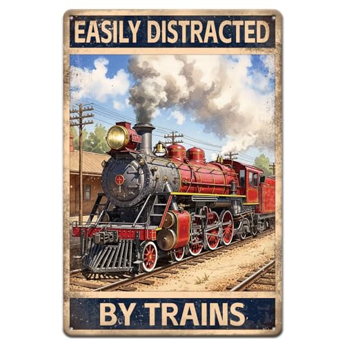 GLOBLELAND Vintage Train Metal Tin Sign 12x8inch Easily Distracted by Trains Tin Signage Decor Signs Retro Train Tracks Wall Metal Plaque for Home Living Room Man Cave Club Garden Decoration