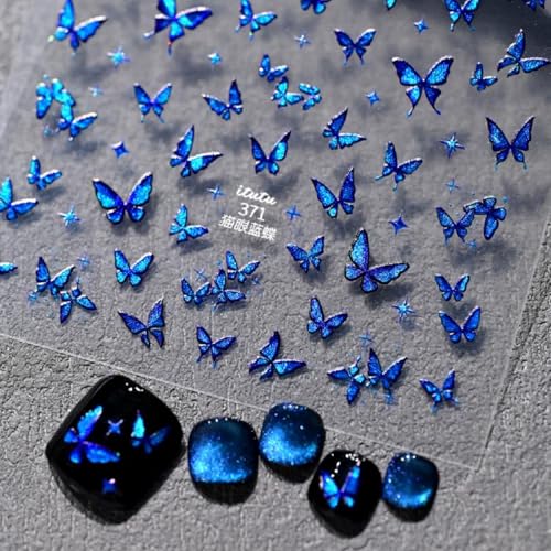 Image of Butterfly Nail Stickers Blue Nail Decals for Nails Art with Glitter Design Shiny Nail Art Stickers 5D Embossed Self Sdhesive for Women Girls Nails Decoration Accessories Supply