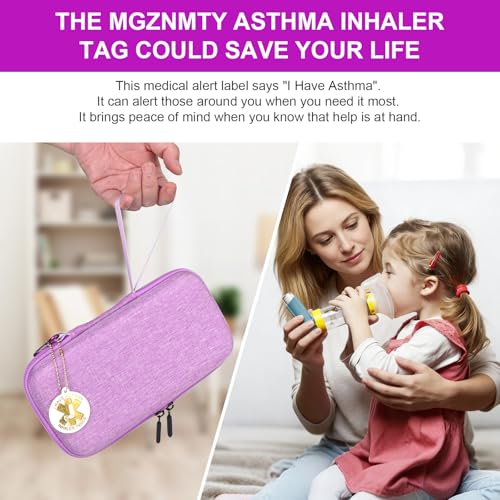 Image of MGZNMTY Travel Carrying Case Compatible with Asthma Inhaler Spacer for Adults and Children, Masks, Inhaler Holder with Asthma Alert Tag and Medical Card, Carabiner (Only Case) (Purple)