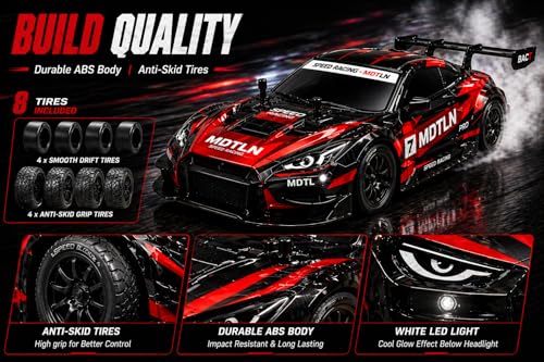 Image of 1:16 Scale RC Drift Car, 2.4GHz Remote Control Racing Car, 4WD High Speed with LED Lights, Proportional Throttle, Extra Drift Wheels for Kids & Adults