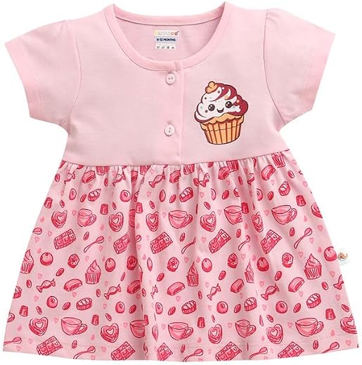 BUMZEE Baby Girls Cotton Round Neck Half Sleeves Above Knee Length Frock/Dress