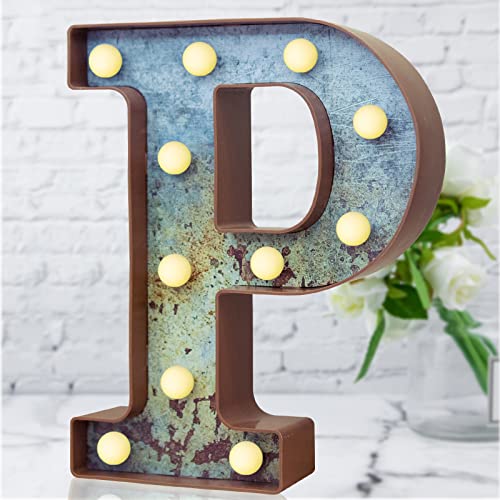 LED Marquee Light Up Letters Industrial Vintage Style Lighted Letters Rust Metal Effect Marquee Letter with Lights Illumination Letter Signs for Christmas Wedding Birthday Party Home Cafe Bar Decor-P