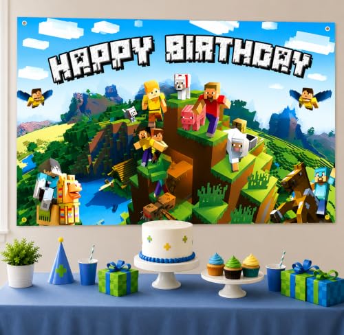 Image of Happy Birthday Banner Boy 5x3ft Birthday Sign Village Gaming Birthday Party Decorations Videogame Themed Banner Video Game Decorations Video Game Happy Birthday Backdrop for Boys