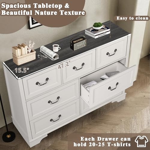 Farmhouse-7-Drawers-Dresser-for-Bedroom-47-Wide-Wood-Rustic-Chest-of-Drawers-with-Natural-Texture-Vintage-Closet-Storage-Dressers-Organizer-for-Bedroom-Living-Room-Hallway-Antique-White Farmhouse 7 Drawers Dresser for Bedroom 47 Wide Wood Rustic Chest of Drawers with Natural Texture Vintage Closet Storage Dressers Organizer for Bedroom Living Room Hallway Antique White