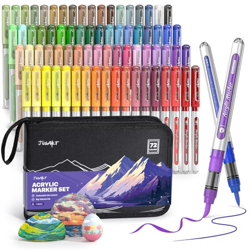 Image of JusArt 72 Colors Acrylic Paint Markers with Canvas Bag, Water-Based No-Bleed Paint Pens with Automatic Ink Control, Waterproof Brush Tip Markers for DIY Art & Crafts -Fabric, Rock, Wood, Glass, Metal