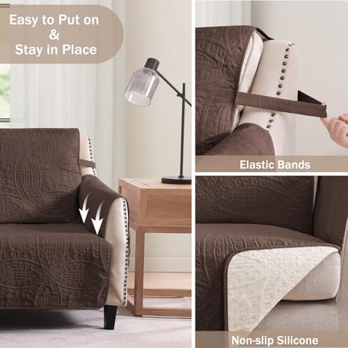Image of Soft Couch Cover with Pockets for Extra-Large Sofa, Medallion Quilted Design Couch Covers for 3 Cushion Sofa, Oversized Sofa Covers Washable Water-Repellent (X-Large Sofa 78 inch, Chocolate)