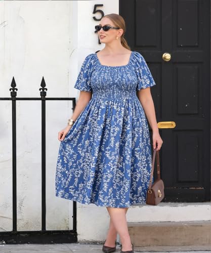 Image of RITERA Plus Size Dresses for Curvy Women Square Neck Short Sleeve Summer Floral Smocked Maxi Dress with Pocket XL-5XL