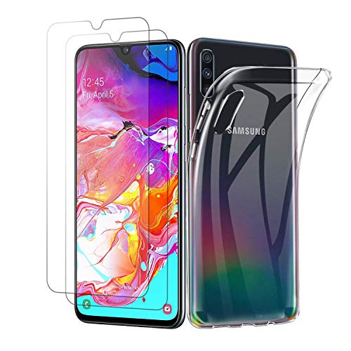 Satacnut Coque + 2 X Verre Trempé pour Galaxy A70 [Ultra Slim] [Protection des Coins] Protectectrice Coque Antichoc en TPU + Protecteur D'écran [Anti Rayures]