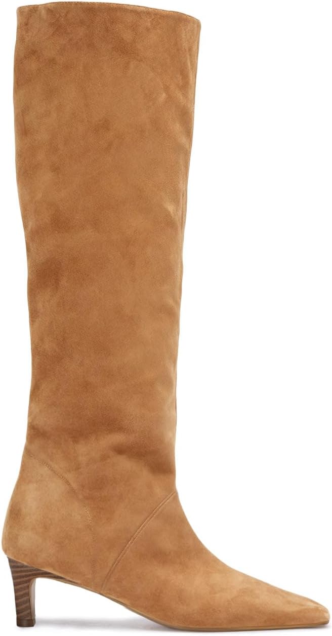 Coutgo Womens Knee High Boots Wide Calf Kitten Heel Pointed Toe Long Boots Pull On Winter Dress Shoes, Light brown, size 9