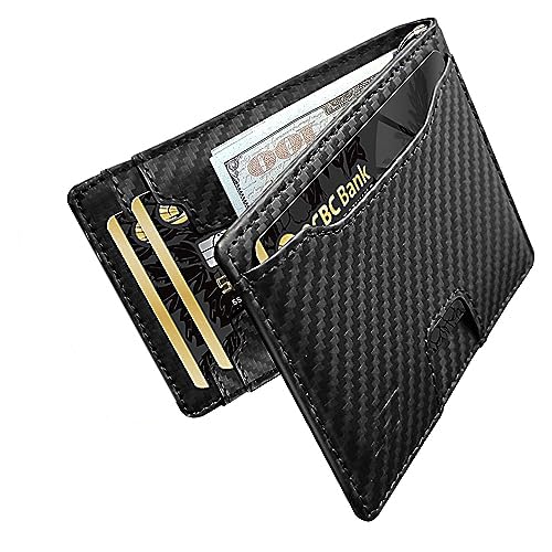 Genuine Leather Slim Wallet for Men, RFID Blocking Bifold Design with Money Clip and 12 Card Slots (Black)