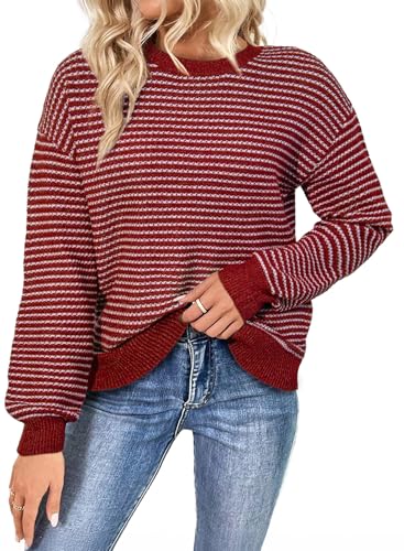 SHEWIN Womens Long Sleeve Crewneck Sweaters Casual Knit Striped Side Split Pullover Sweater Tops