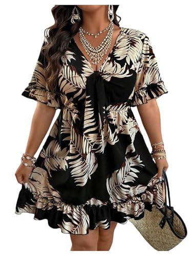 Women's Plus Size Tropical Dress Ruffle Flowy Boho V Neck Short Sleeve Knot Front Summer Vacation Dresses