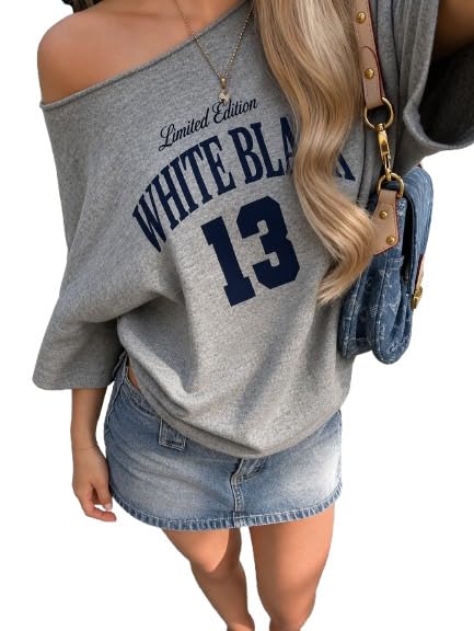 Women's Blue Sexy Drop Shoulder Letter Print Asymmetric Short Sleeve T-Shirt-image-28