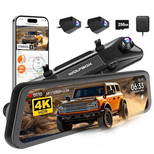 WOLFBOX G900 Tripro Bumper Version 3 Channel 4K Mirror Dash Cam STARVIS 2 IMX678 Night Vision 4K+2.5K+1080P Front and Rear Bumper Dash Cam 5.8GHz WiFi Voice Control Includes 256GB Card & GPS