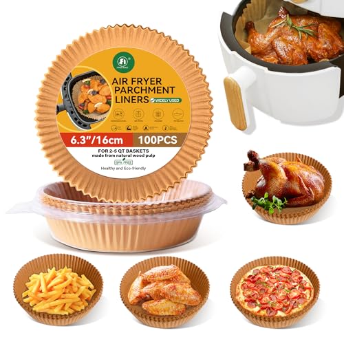 Air Fryer Liners 6.3 Inch Round BPA-Free Air Fryer Disposable Paper Liners Food Grade Baking Paper Oil-Proof Water-Proof for Air Fryer Microwave (100pcs)