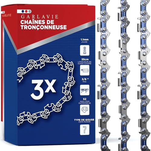 Garlavie Lot de 3 chaînes de tronçonneuse 35cm - 3/8' LP Pas - 1.1mm - 52 Maillons entraîneurs - Compatible avec Makita DUC353, Bosch AKE 35s, EinheIl GP-LC 36/35 Li, Haute performance & faible rebond