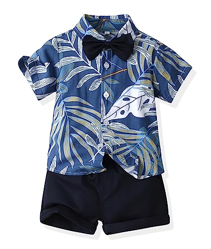 Image of Toddler Baby Boy Summer Clothes Set Floral Shirt Bow-tie Shorts Hawaiian Outfit