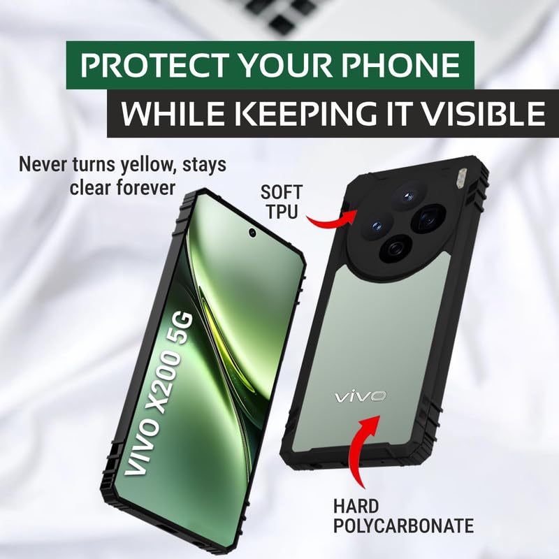 Image of AIBEX Crystal Clear Back Cover Case for Vivo X200 5G| 360 Degree Protection | Shock Proof Design | Transparent Back Case for Vivo X200 5G (PC & TPU, Black Bumper)