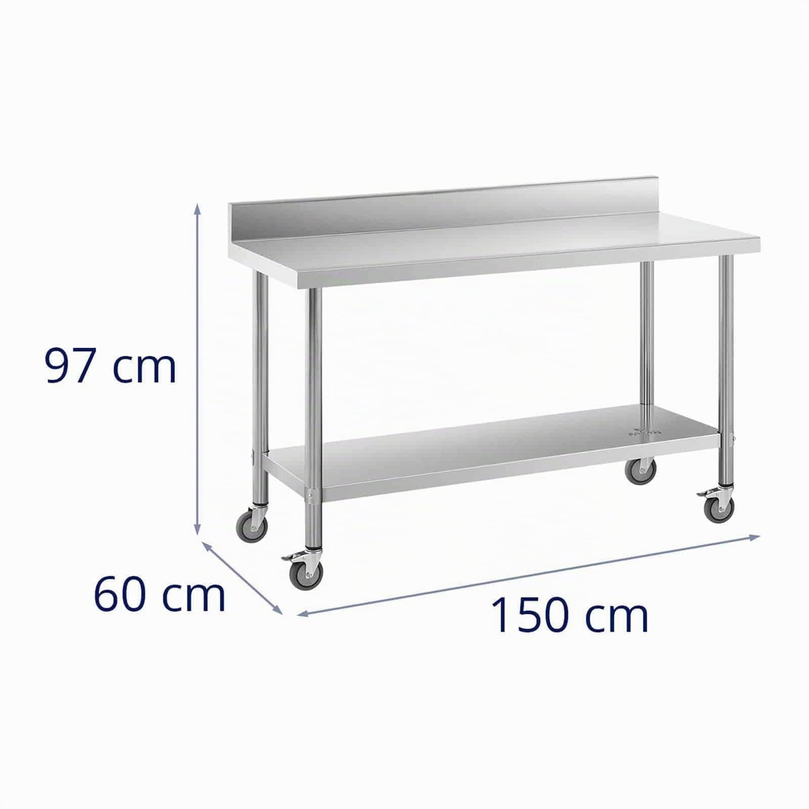 Royal Catering RCAT-150/60-WS Tavolo Da Lavoro In Acciaio Inox Con Ruote E Alzata, 60 X 150 Cm, Portata 160 Kg, Argento