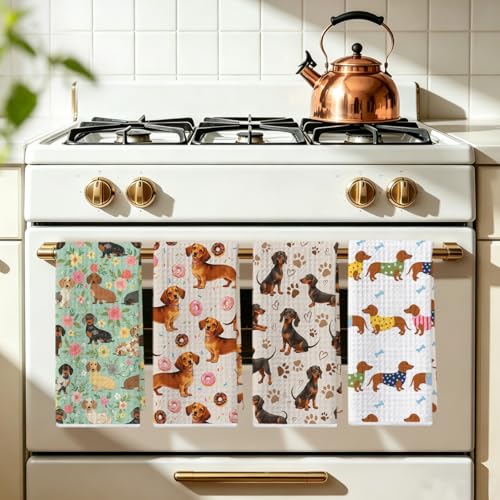 Image of 4 Pcs Cute Dachshund Kitchen Towels 24x14 Inch, Dachshund Gifts Reusable Dish Towels for Kitchen Bathroom Decor, Weiner Dog Floral Donuts Hand Cloth Tea Towel, Cute Dog Gifts for Women Mom Friend
