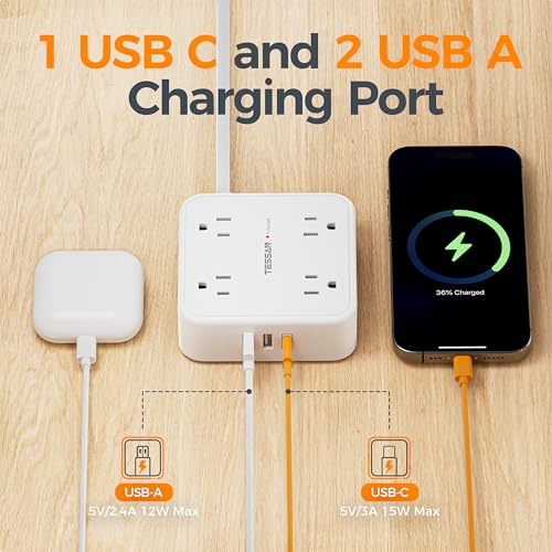 Image of TESSAN Surge Protector Power Strip, 5 Ft Flat Plug Extension Cord with 3 USB (1 USB C) 8 Outlets, 1250W, 900J Protection, 3 Sided Outlet Extender with Power Switch for Office, Dorm Room, White