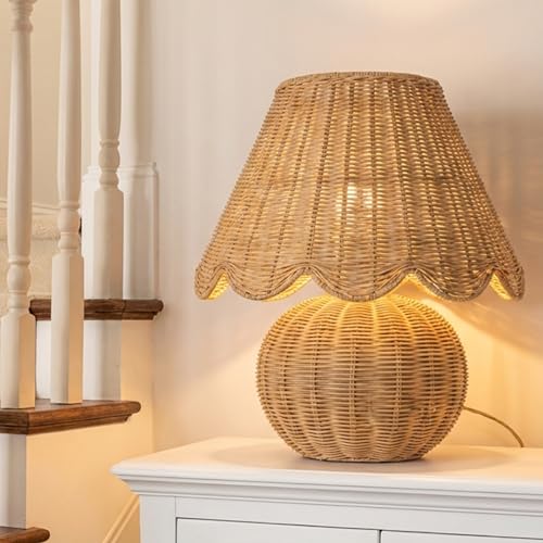 Grinsvalley Rattan Table Lamp with Woven Base and Woven Lampshade Decorative Boho Table Lamp Farmhouse Tabletop Decoration for Living Room Bedrooms Nightstand Bedside Tabletop Bulbs Include